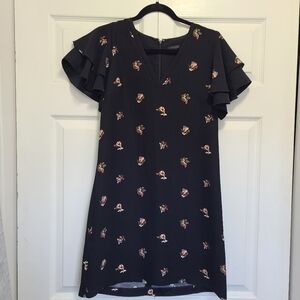 Ann Taylor Black Dress Floral Print ‎ Ruffle Sleeves Sz 2